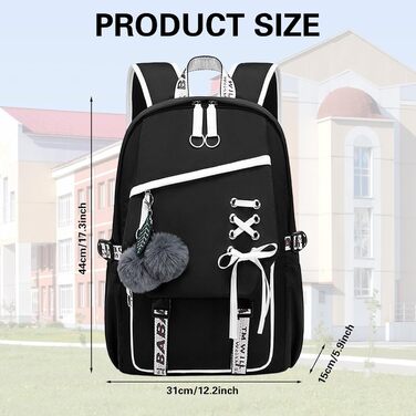 Шкільний рюкзак для дівчаток, водонепроникний, з брелоком, для 3-6 класів, чорний