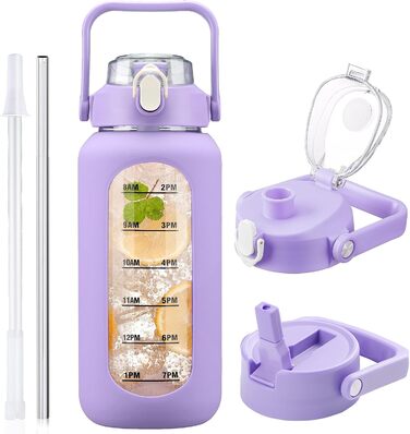 2L Glass Water Bottle with 2 Lids Flip and Go Lid 2 Liter Large Water Jug with Time Marker and Silicone Sleeve BPA-Free Leakproof for Sports Gym, (Purple)
