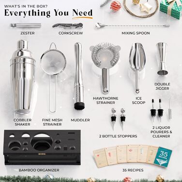 Набір бармена BARE BARREL® для приготування коктейлів | 16 предметів | Шейкер, барне аксесуар, інструменти для дому | 35 рецептів | Подарунковий набір