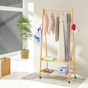 Casaria® Clothes Rack on Wheels Wood Stable Bamboo Clothes Rail Narrow with 4 Hooks 2 Shelves Open Coat Rack 155x70cm Entryway Coat Stand