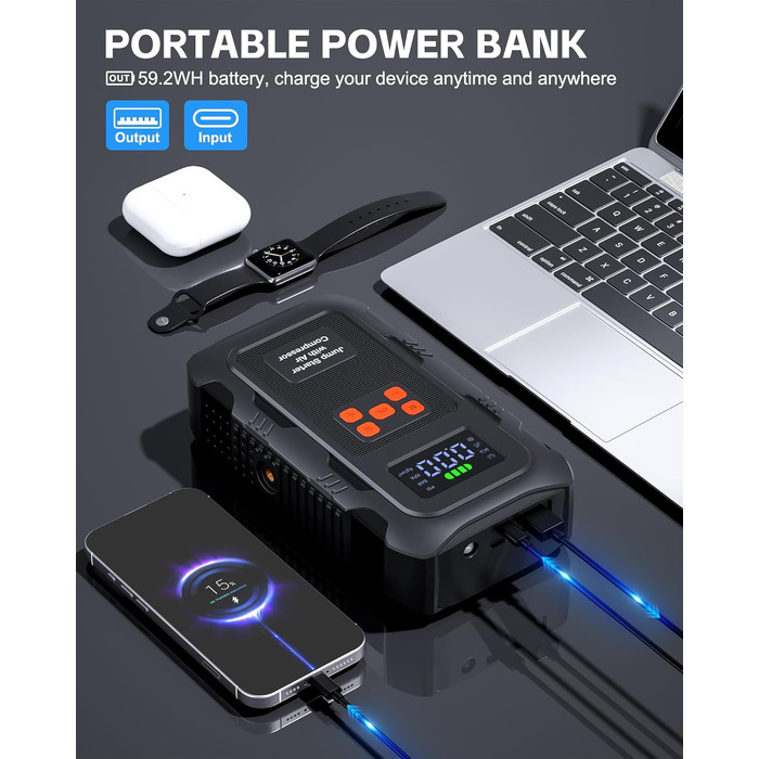 Пусковий пристрій Povasee Jump Starter 9000A з компресором 150 PSI, бустер для авто 12V та Powerbank з ліхтариком (Червоний/Чорний)