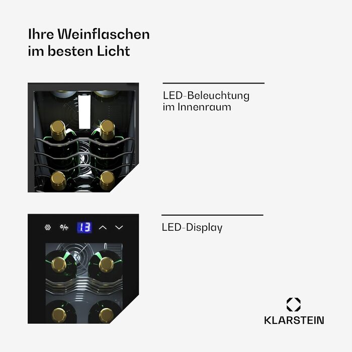 Klarstein Wine Refrigerator - 1 Zone Compact Wine Cooler, 42L Capacity, Glass Door, Indoor/Outdoor Use, 5-18°C, 16 Bottle Wine Fridge