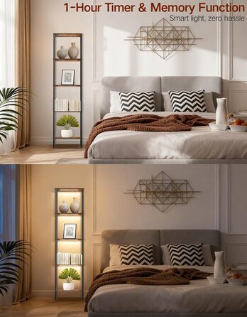 Стійка лампа з полицею, LED, регулювання яскравості, 3 колірні температури, сенсорне та дистанційне керування, полиця для книг, дерев'яна стійка, сучасний дизайн для вітальні, спальні, офісу (Rustic Brown)