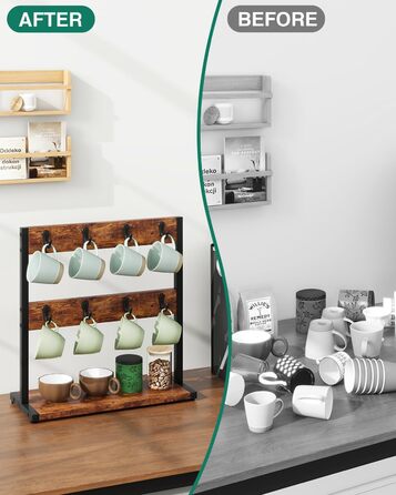 Vintage Mug Holder with 8 Hooks, Coffee Cup Holder for Countertop, Cup Stand with Storage Bottom, for Kitchen Dining Room Cafe 40 x 15 x 40 cm, TBJ002H (without shelf, Vintage Brown)