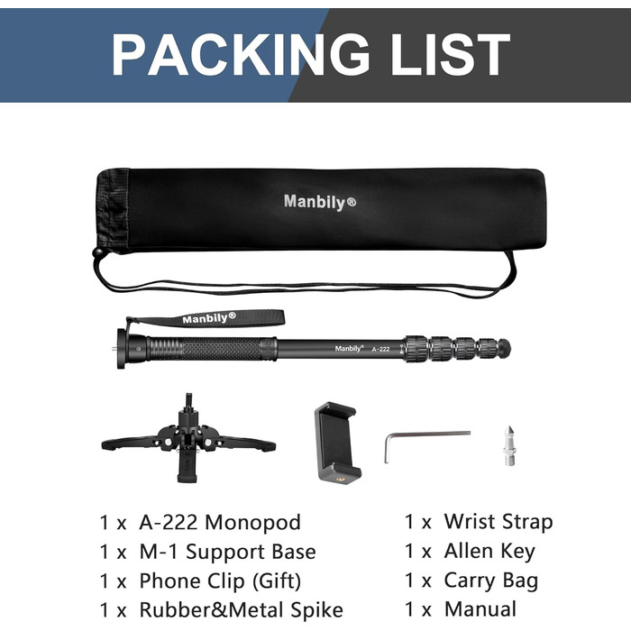 Штатив для камери Manbily A-222 з висувними ніжками з алюмінію, 5 секцій, до 170 см, 7 кг, для DSLR Canon/Sony/телефону (сірий/чорний)