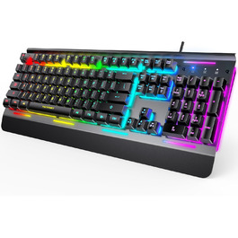 TECKNET RGB ігрова клавіатура для ПК, мембранна, 105 клавіш, повнорозмірна металева панель, підставка для зап'ястя, 15 зон RGB підсвічування, 25 антиблінгувальних клавіш, QWERTY (американська)