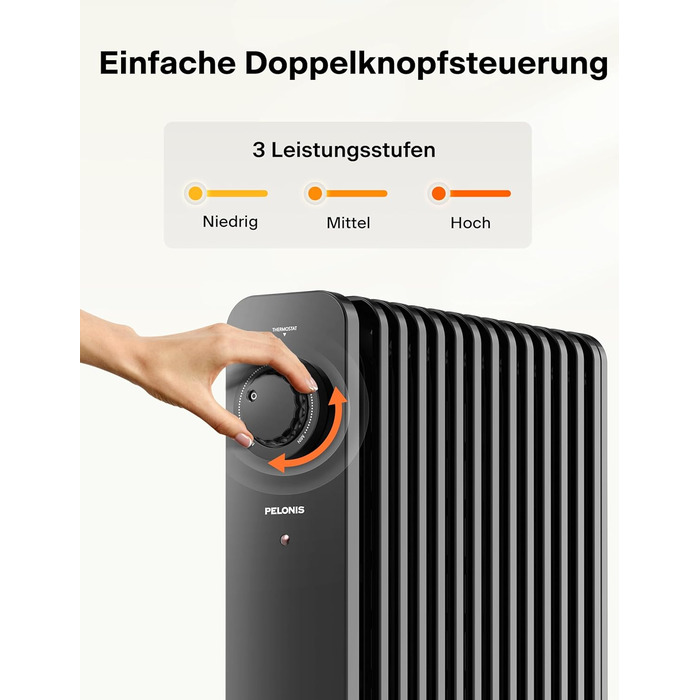 PELONIS 2500W Oil Radiator - Energy Saving, 13 Ribs Electric Heater, Mobile Electric Heater with Thermostat, 3 Heat Settings and Overheat Protection, Electric Radiator Heater, Black 13 Ribs without Remote Control Black
