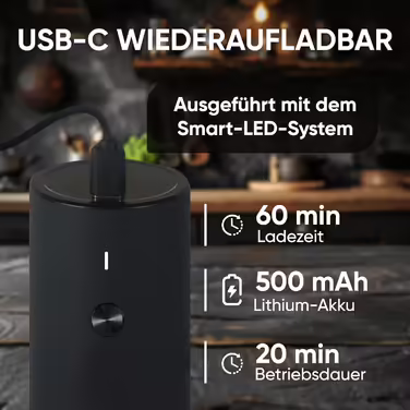 Електричний набір млинків для перцю та солі GOV 45 мл, чорний, USB-C, 6 режимів помолу, LED-підсвітка, нержавіюча сталь