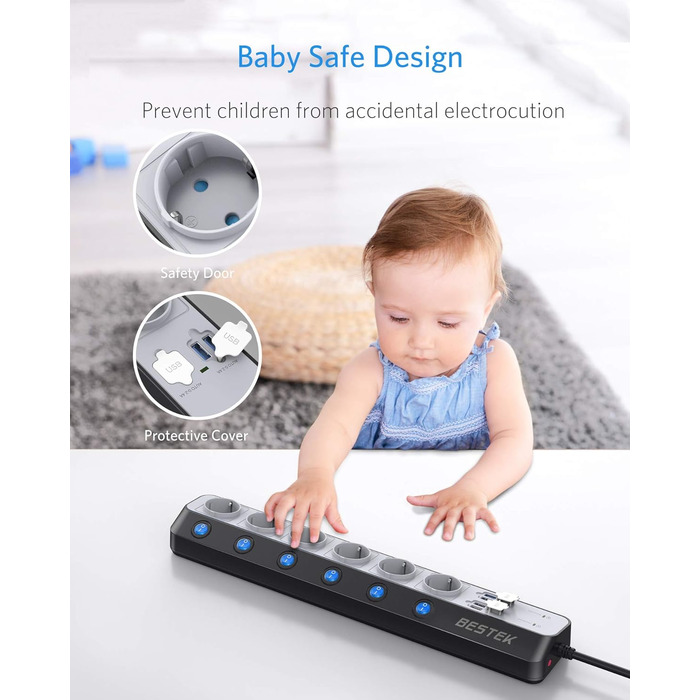 BESTEK Розподільник розеток 6-fach з USB, захист від перенапруги 900 Дж, настінний, з вимикачем, синьо-білий, кабель 3 м