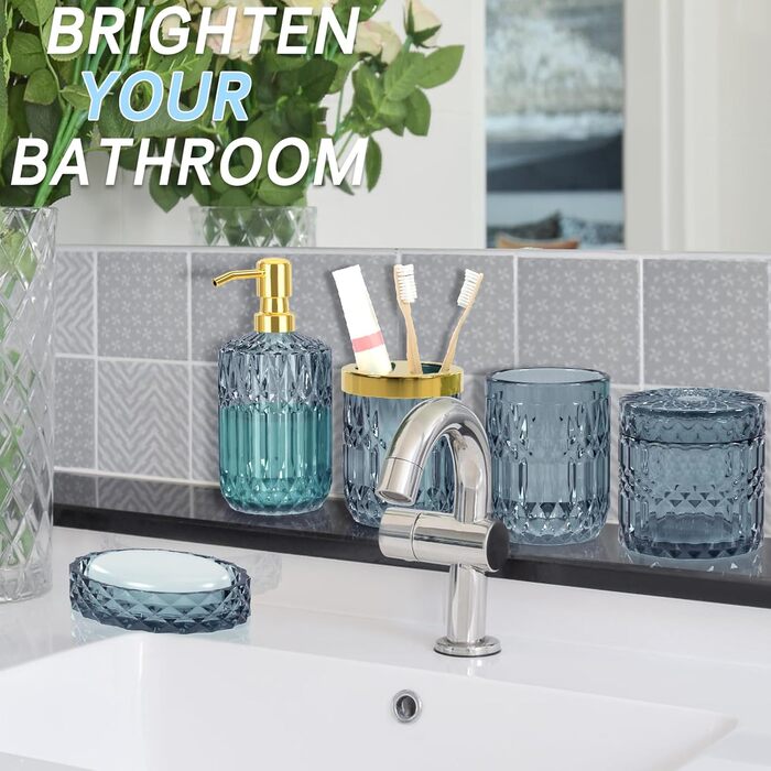 Преміум набір аксесуарів для ванної кімнати зі скла (5 шт.) - склянка, ватні палички, мильниця, дозатор мила, тримач для зубної щітки, ретро-модерн, подарунок на весілля
