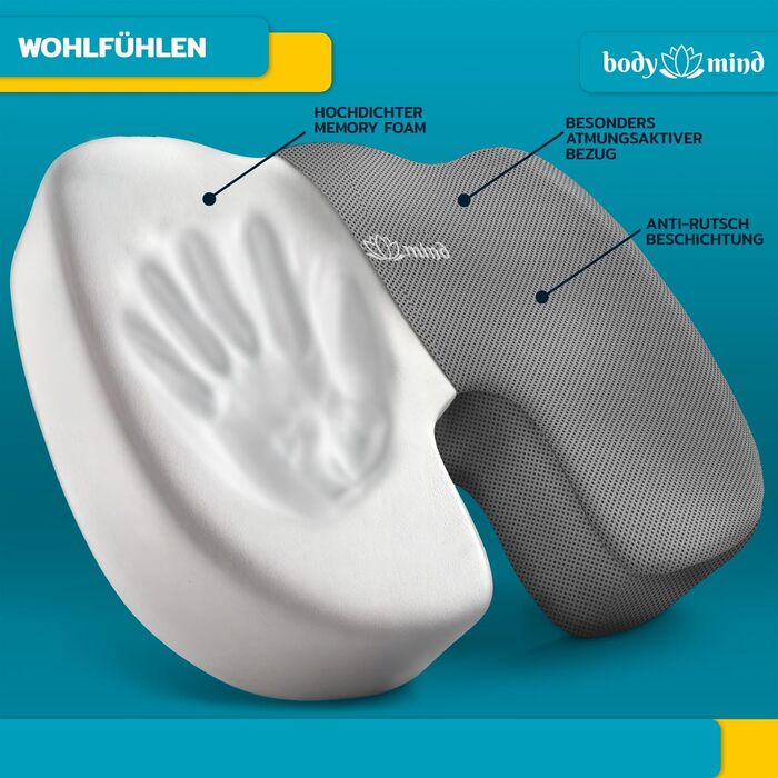 Подушка ортопедична клиноподібна для сидіння Body & Mind H2 (60-80 кг) – для офісного крісла, авто, зменшення болю в спині та куприку