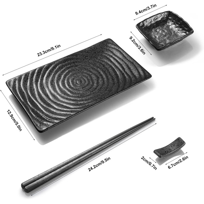 Набір посуду Юда Суші з кераміки, 8 предметів – японський посуд для 2 осіб (2 тарілки, соусники, палички та підставка) – високоякісна кераміка, підходить для мікрохвильової печі та мийки посуду – елегантний подарунок