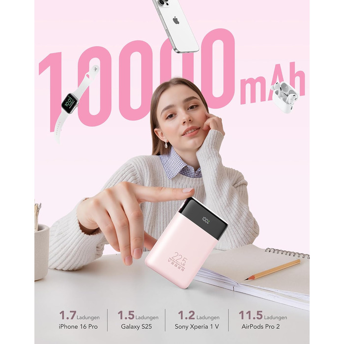 Повербанк VEGER 10000mAh 22.5W з вбудованим кабелем USB-C, рожевий