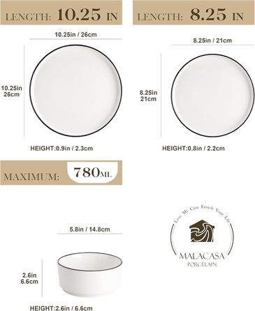 MALACASA, Leah Series, Dinnerware Set for 4 People, 12-Piece Porcelain Tableware Set, Combination Set, White Dinnerware with Black, Dinnerware Set consisting of 4x Dinner Plates, 4x Dessert Plates, 4x Cereal Bowls with Black Rim, 12-Piece