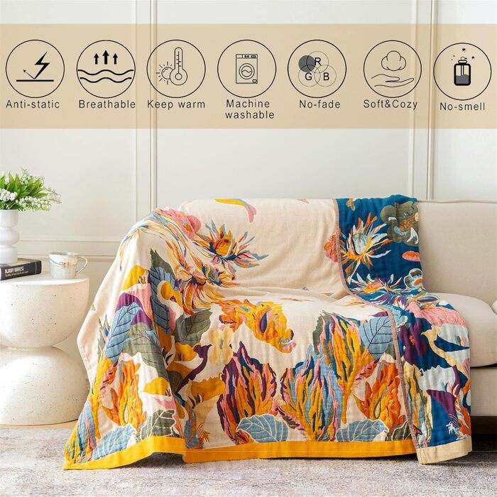 Бохо плед-покривало King Size 274x229 см, тепла затишна ковдра для дивана і ліжка з квітами і метеликами, весняний дизайн для вітальні
