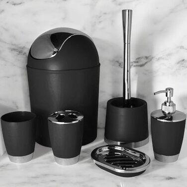Набір аксесуарів для ванної кімнати 6tlg Badset: мильниця, стакан для зубних щіток, контейнер для косметики, щітка для унітазу з тримачем, мильниця, відро для сміття, тримач для зубних щіток, комплект для ванної кімнати (чорний дизайн 1)