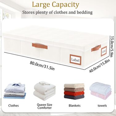 Yawinhe 2-Pack Under Bed Storage Box, Clothes Storage with Lid, Foldable Storage Bag with Carrying Handles, for Bedspreads, Blankets, Clothes, 60x30x15cm, (80x40x15cm/2-Pack, Beige)
