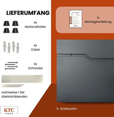 Поштова скринька KTC Home Premium Postlux 4.0 Anthrazit з нержавіючою сталлю, стійка до УФ-випромінювання та погодних умов, порошкове покриття
