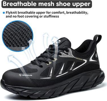 Черевики робочі чоловічі/жіночі ISOOUS з металевим підноском, спортивні, антиковзаючі, дихаючі, чорні, 45 EU