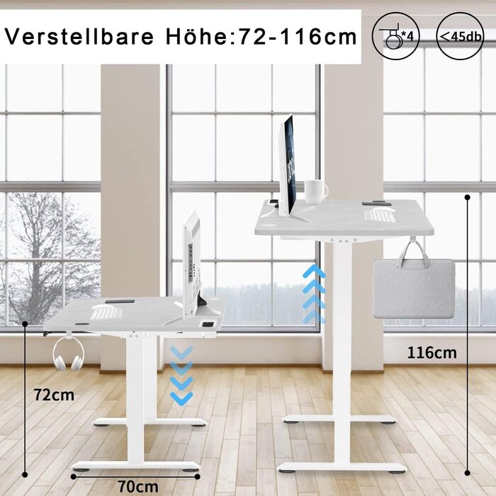 Devoko Adjustable Height Electric Standing Desk with Wireless Charger, Memory Control & Power Outlet - 160x80cm Grey