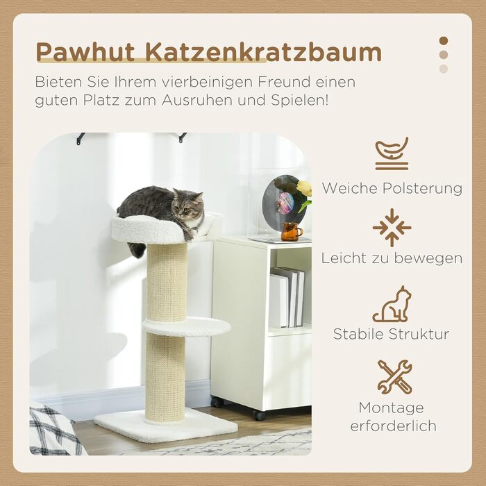 PawHut Cat Tree Small 91 cm Cat Tree with Cat Bed, Cat Scratching Post Activity Tree Scratching Post with Platform for Cats up to 5 kg Sisal Lambswool (Cream White)