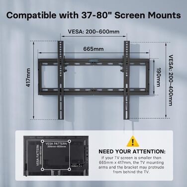 Кріплення для телевізора BONTEC для LED, LCD, OLED, Plasma телевізорів (37-80 дюймів), настінне кріплення, нахил, до 55 кг, VESA 600x400, рівень та стяжки
