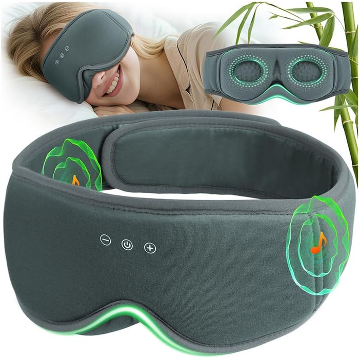 Сліп-маска з навушниками MUSICOZY з бамбука та бавовни, Bluetooth v5.4, 3D, для тих, хто спить на боці, з мікрофоном, сірий колір