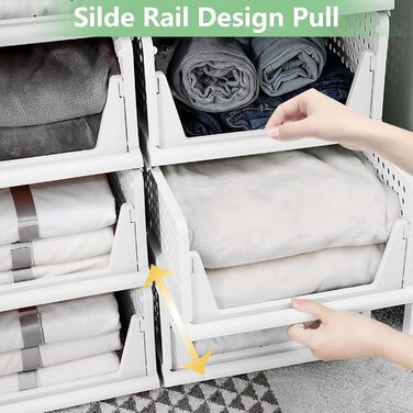 Diealles Stackable Drawer Boxes, 4 Pack Closet Organizer Pull Out, Plastic Drawer Organizer Closet, Foldable Closet Drawers for Clothes Closet Pantry (White)