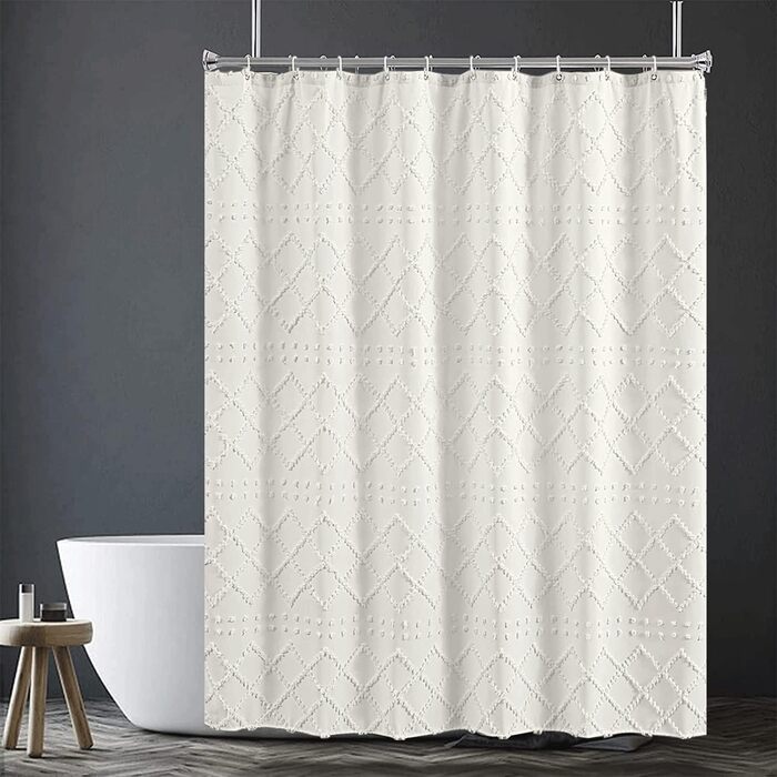 Штора для душу Boho-стиль, біла, 183x183 см, з 12 гачками, геометричний дизайн, для ванної кімнати
