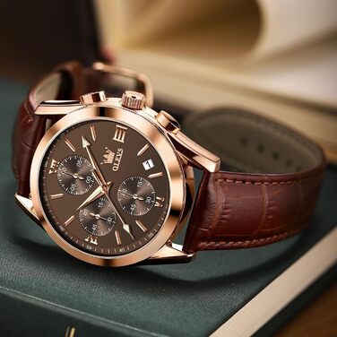 Чоловічий годинник OLEVS Vintage з шкіряним ремінцем, великий циферблат, водонепроникний, аналоговий годинник з датою, коричневий циферблат/коричневий ремінець