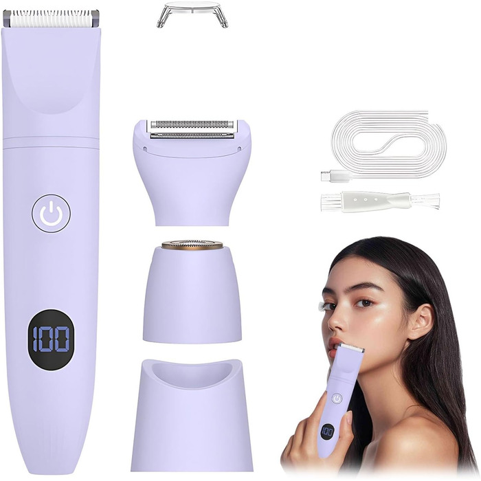 Електричний жіночий триммер 3-в-1 для тіла, ніг, рук та під пахвами, водонепроникний (IPX6), LCD-дисплей, фіолетовий