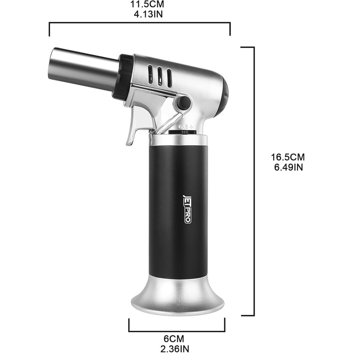 Газовий запальник Butan з регульованим полум'ям для кухні, випічки, барбекю, паяння, з віконцем рівня газу та блокуванням безпеки (срібний)