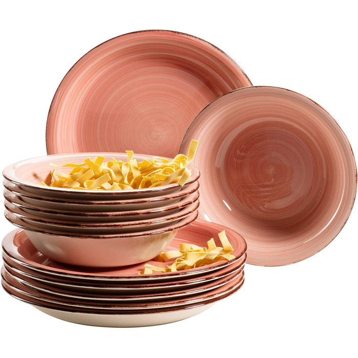 MÄSER 931495 Bel Tempo II, 12-piece tableware set for 6 people with a modern vintage look, hand-painted, pink, stoneware.
