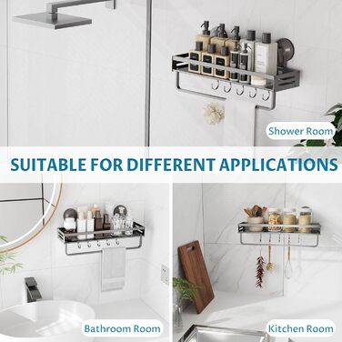 Поличка для душу Onemake з присосками, регульована, з гачками, органайзер для ванної кімнати з тримачем для рушників, матовий чорний (40 см, 1 шт.)