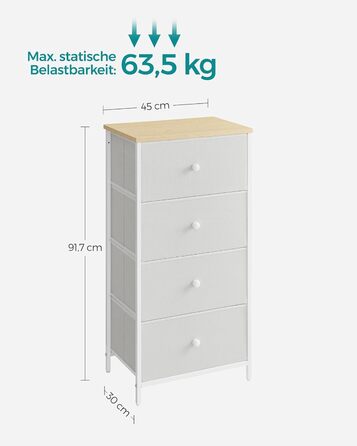 SONGMICS Chest of Drawers, Storage Cabinet with 4 Fabric Drawers, Metal Frame, Tall and Narrow, White-Oak Finish LTS314W57