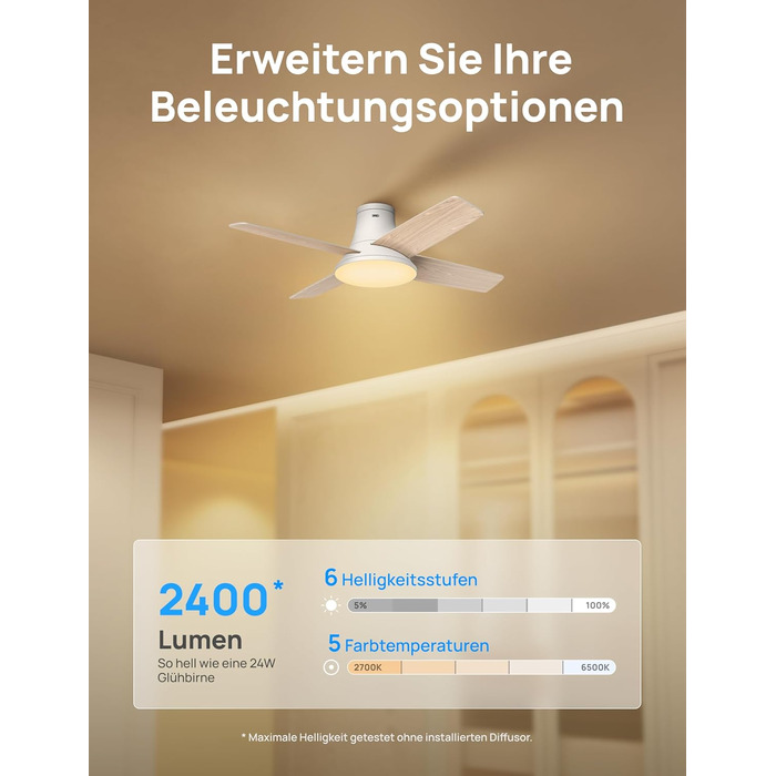 Вентилятор стельовий Dreo з підсвічуванням та пультом, 112 см, чорний, 5 лопатей, 6 рівнів регулювання яскравості, 6 швидкостей, тихий, таймер, легка збірка, для спальні