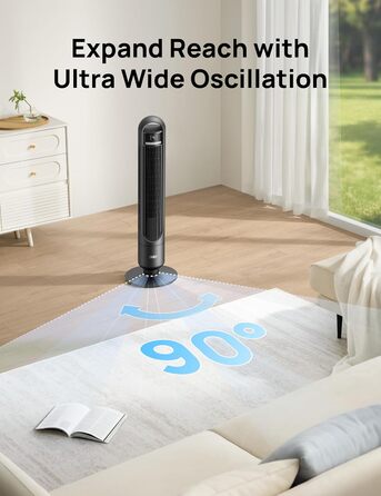 Вентилятор Dreo 91 см, чорний: тихий, з пультом, 4 швидкості, 3 режими, 9.8 м, таймер 8 год, осциляція 90°