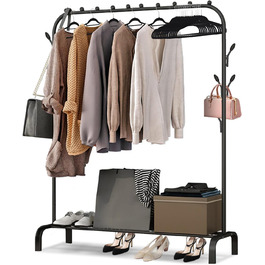 Стійка для одягу на підлозі, чорна, з полицею для взуття та нижньою полицею, металева, для спальні