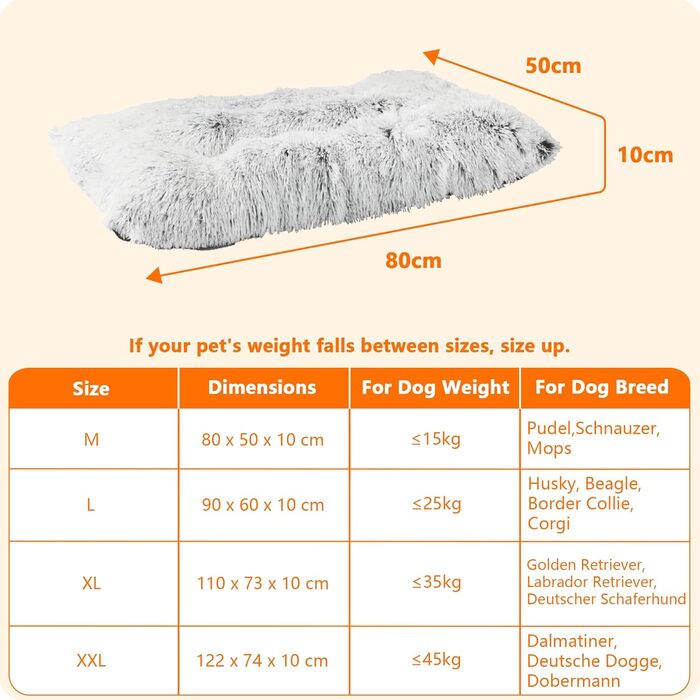 Dog Bed, Fluffy Dog Mats, Longer Plush Dog Cushion, Washable, Non-Slip Bottom, 110 cm for Medium and Large Dogs, (L 80 x W 50 x H 10 cm, Light Grey)