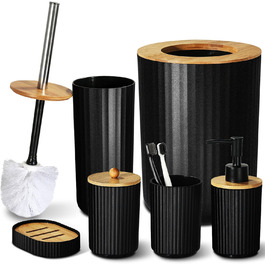 Набір аксесуарів для ванної кімнати GMISUN 6 предметів, чорний: мильниця, дозатор мила, стакан для зубної пасти, відро для сміття, тримач для туалетного йоржика, у стилі Farmhouse Boho