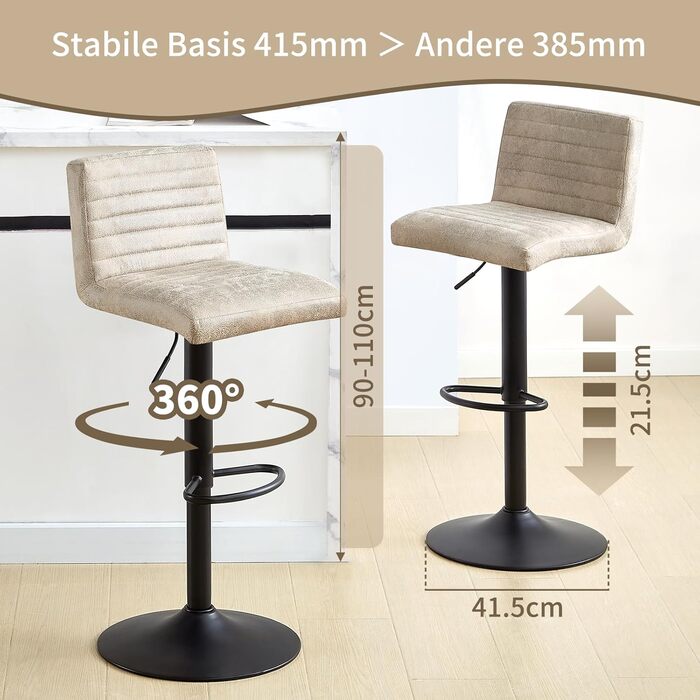 JYMTOM Adjustable Bar Stools Set - Velvet Upholstered Swivel Counter Stools for Bar, Kitchen, Bistro, Cafe & Dining Room (Set of 4, Beige)