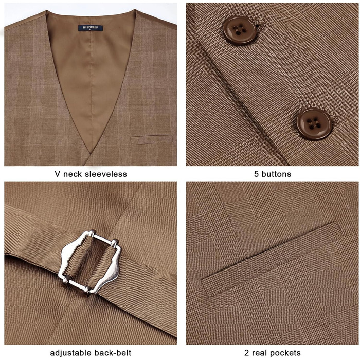 HISDERN Жилет чоловічий в клітинку, класичний, бавовна, для весілля, в стилі 'Hahnentritt', під костюм (S, Коричневий / Хакі)