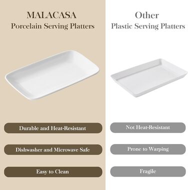 Сервірна таця MALACASA з порцеляни, 6-ти частинний набір, прямокутна, 25 x 14 см, біла. Ідеально для буфетів, суші, тортів та закусок вдома та в ресторані.