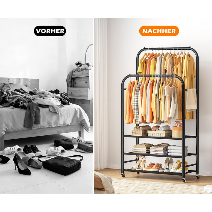 Вішалка для одягу HOMIDEC з 3 полицями, подвійна штанга на колесах, металевий каркас, чорна. Макс. навантаження 80 кг