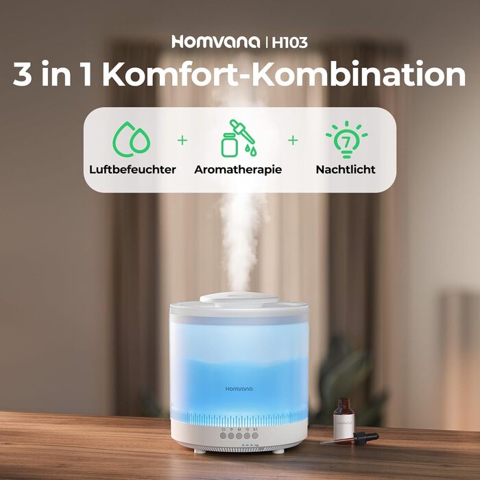 Зволожувач повітря Homvana для спальні, 1.8L, ультразвуковий, з LED-підсвіткою, для ароматерапії, без BPA