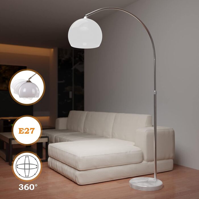 Торшер Jago Bogenleuchte білий, регульована висота 130-180 см, цоколь E27, LED 60W, енергоефективність A++-E