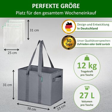 Large Folding Shopping Bags 3-Pack & Fruit Net - Sturdy Large Folding Shopping Basket with Reinforced Bottom - Ideal Shopping Bag for Shopping Carts & Trunk - 80 L (Gray)
