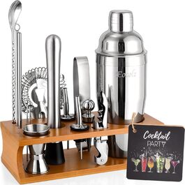 Cocktail Shaker Set with Bamboo Stand & Recipe Book - 750ml Stainless Steel Bar Set with 17-Piece Cocktail Mixing Kit - Bartender Gift for Women