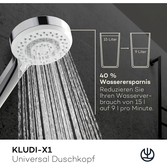 KLUDI-X1 Universal Shower Head with Hose, optional shower spray, water-saving with 3 spray patterns (Body, Hair, Skin), easy-to-clean shower head Ø 10.7 cm, shower hose 1.60 m