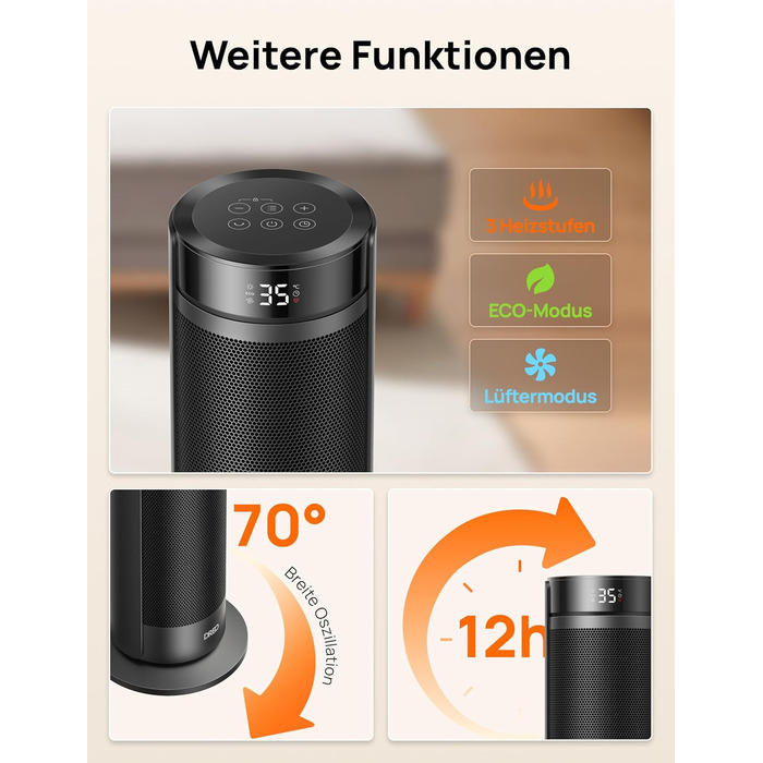 Електричний обігрівач Dreo 23 дюйми (58 см) – 2000W, тихий, з пультом, таймером, осциляцією, 5 режимів, PTC кераміка, термостат, для великих приміщень, офісу (чорний)